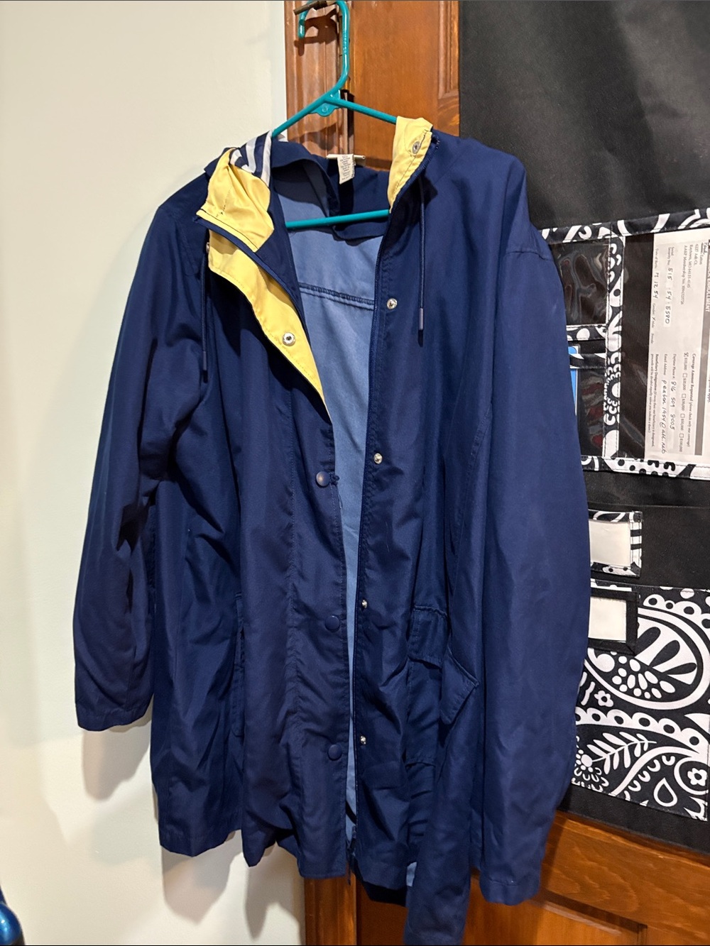 Women’s Navy Hooded Raincoat with Yellow Lining worn once 1X by St John Bay.